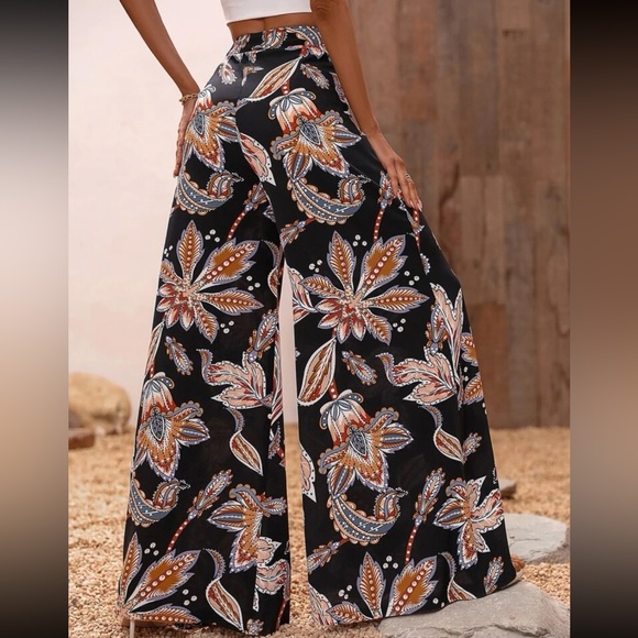 Boho Floral Paisley Print Flare Wide Leg Palazzo Pants - Picture 2 of 6